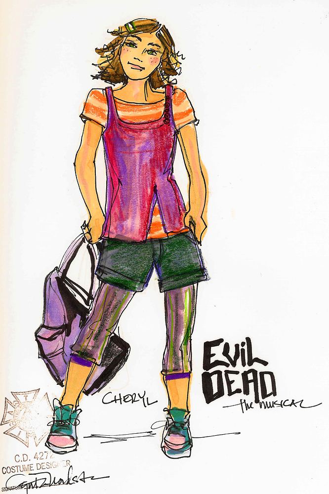 Cheryl in a pink top, plaid shorts and striped tights with a backpack, Evil Dead: The Musical. Costume sketch by Cynthia Nordstrom