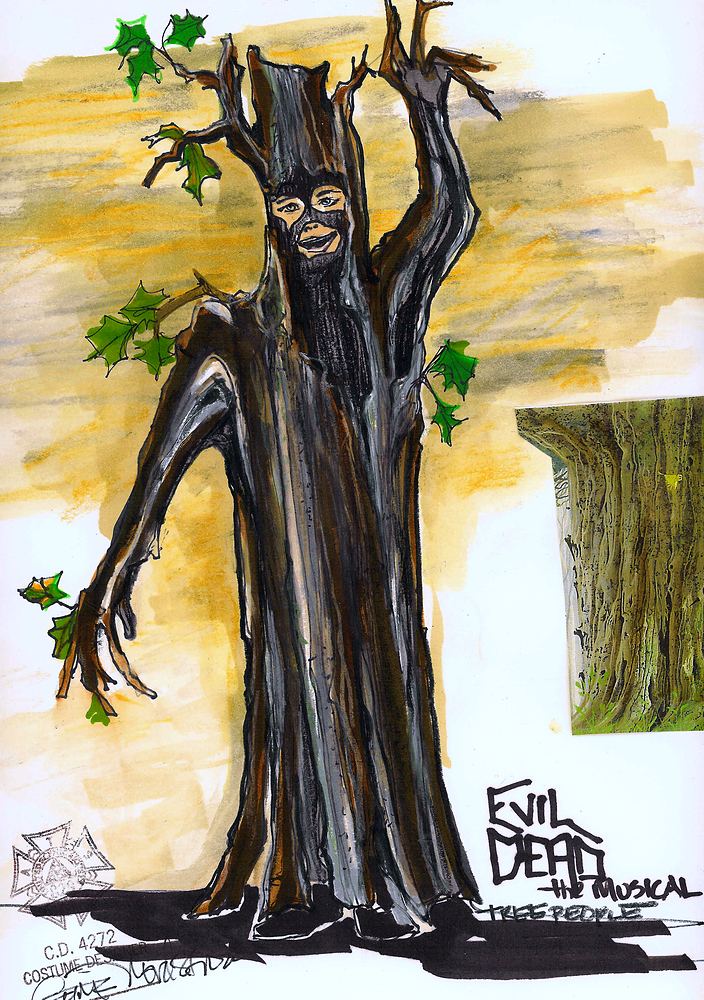 Evil tree costume with gnarled arms and green leaves, Evil Dead: The Musical. Costume sketch by Cynthia Nordstrom