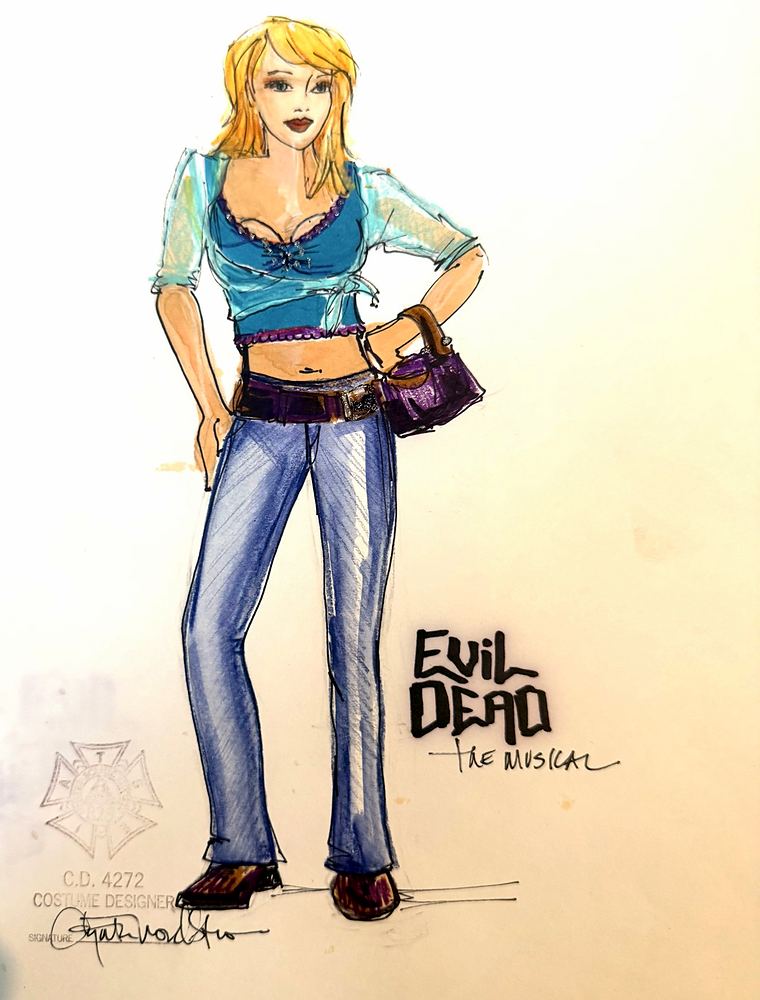 Evil Dead: The Musical: costume sketch of a blonde woman in a cropped denim shirt and jeans. Costume sketch by Cynthia Nordstrom