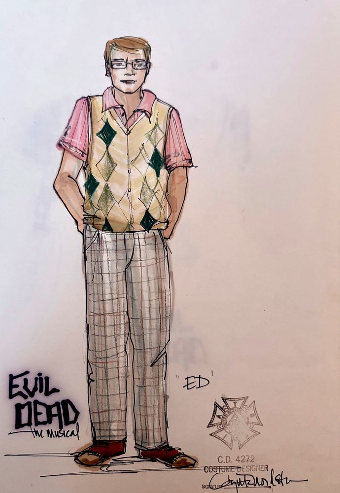 Evil Dead: The Musical: costume sketch for Ed, argyle sweater vest and plaid trousers. Costume sketch by Cynthia Nordstrom