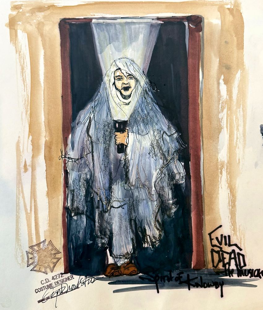 Evil Dead: The Musical: costume sketch of a ghostly white-haired figure in a doorway. Costume sketch by Cynthia Nordstrom