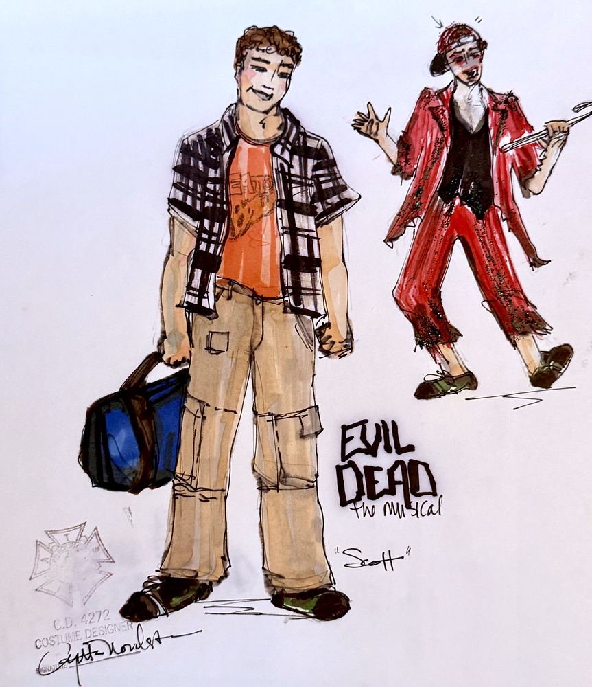 Evil Dead: The Musical: costume sketch for Scott, plaid shirt over an orange tee with khaki cargo pants. Costume sketch by Cynthia Nordstrom