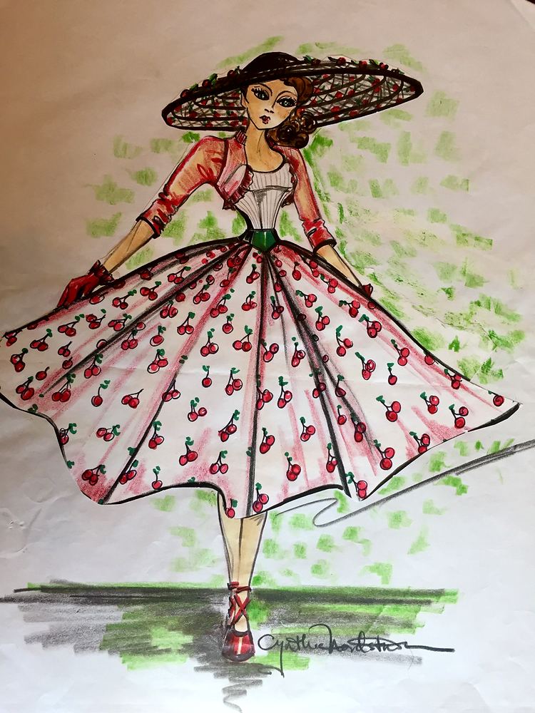 Woman in a cherry print full skirt and wide brim straw hat, Fashion & Art. Costume sketch by Cynthia Nordstrom