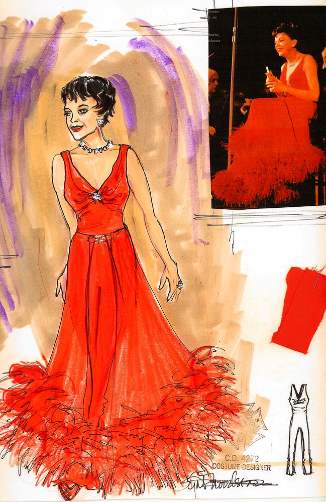 Judy Garland in a red gown with a feathered hem, with photo research, This Property Known As Garland. Costume sketch by Cynthia Nordstrom