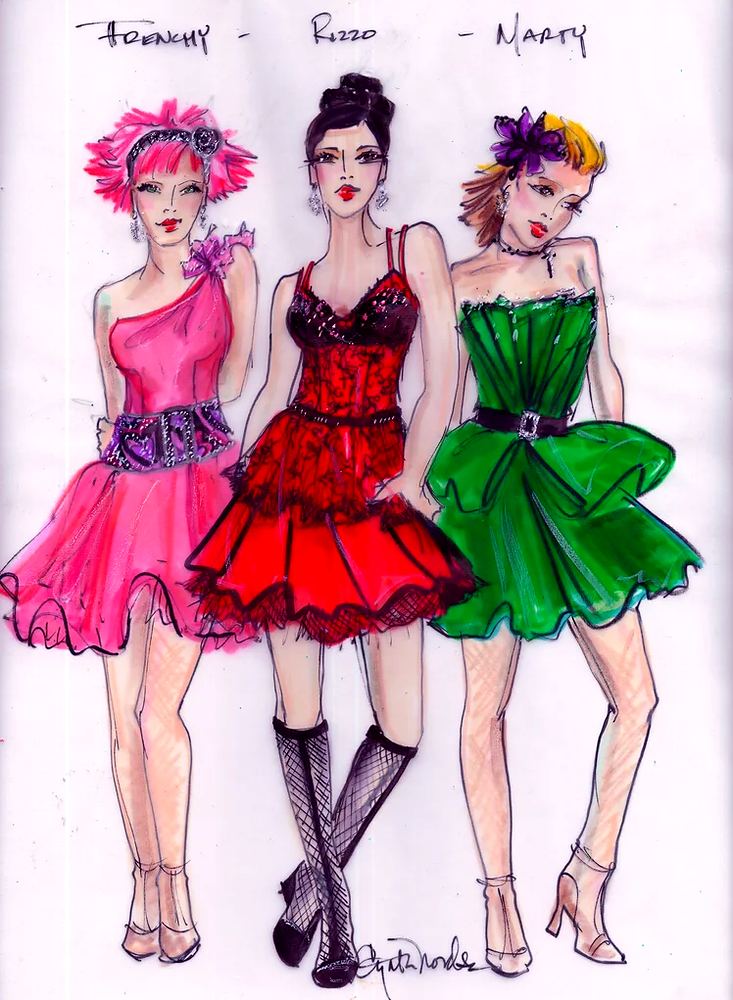 Grease: costume sketch of Frenchy, Rizzo and Marty. Costume sketch by Cynthia Nordstrom