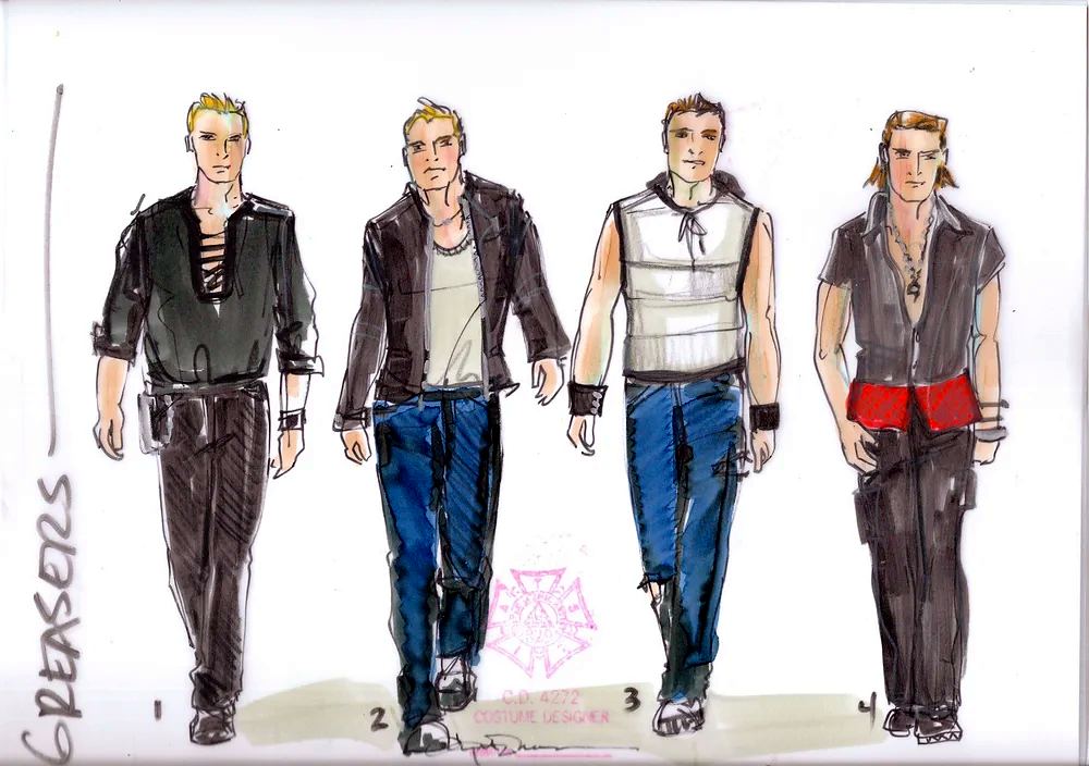 Grease: costume sketch of the Greasers. Costume sketch by Cynthia Nordstrom