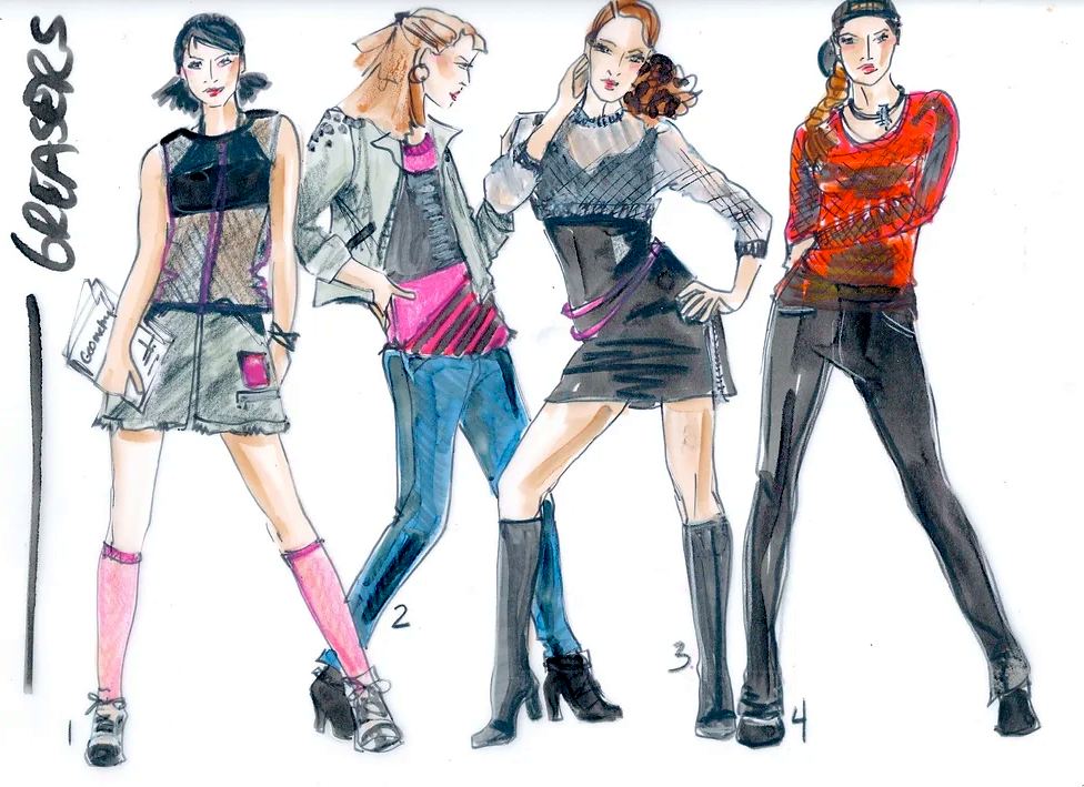 Grease: costume sketch of the Pink Ladies and Greaser girls. Costume sketch by Cynthia Nordstrom