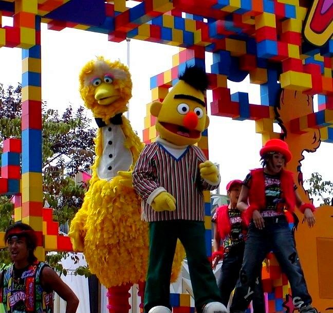 Happy Harmony Celebration: Big Bird, Bert and dancers on the Sesame Street float. Costume design by Cynthia Nordstrom