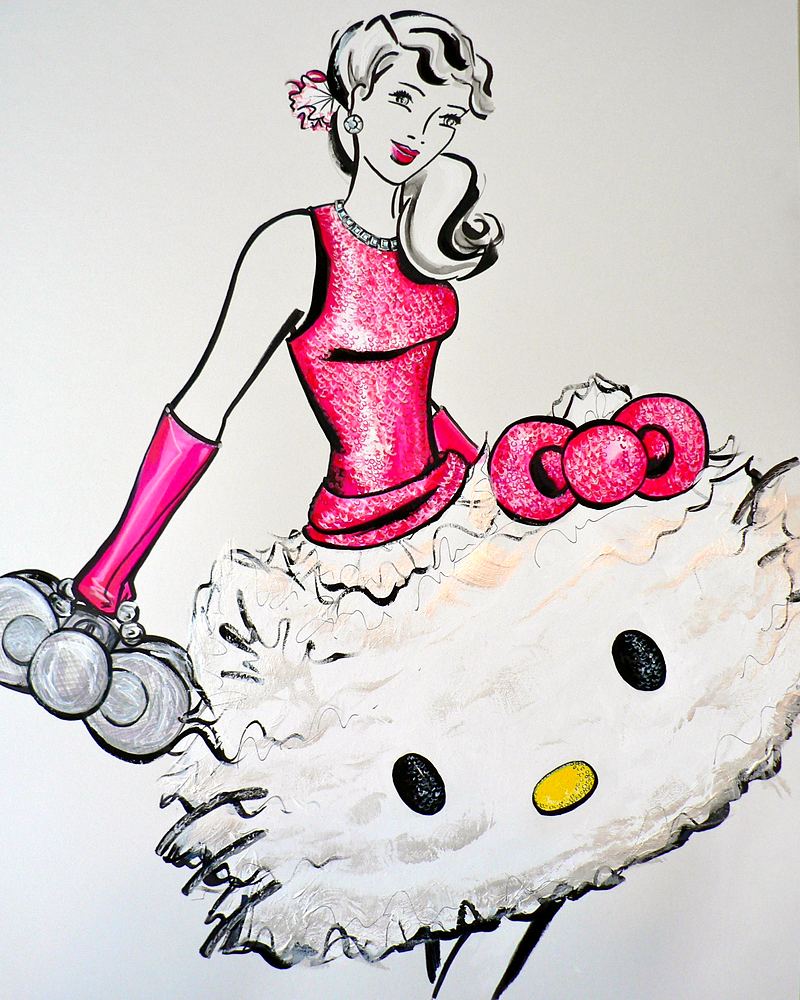 Woman in a pink sequin top and a skirt shaped like Hello Kitty's face, Hello Kitty's Wonderland, USJ. Costume sketch by Cynthia Nordstrom