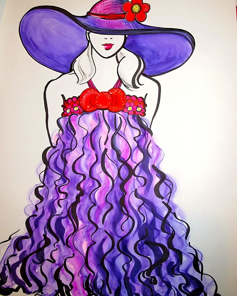 Hello Kitty's Wonderland, USJ: wall illustration of a woman in a wide purple hat and wavy purple gown. Costume sketch by Cynthia Nordstrom