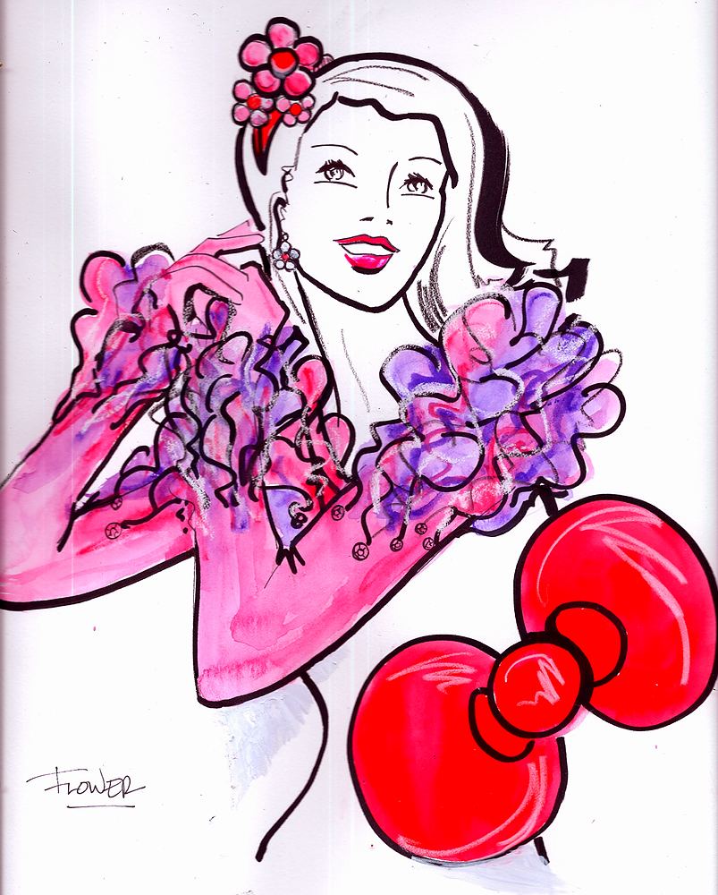 Woman in a pink and purple flower stole with a red Hello Kitty bow, Hello Kitty's Wonderland. Costume sketch by Cynthia Nordstrom