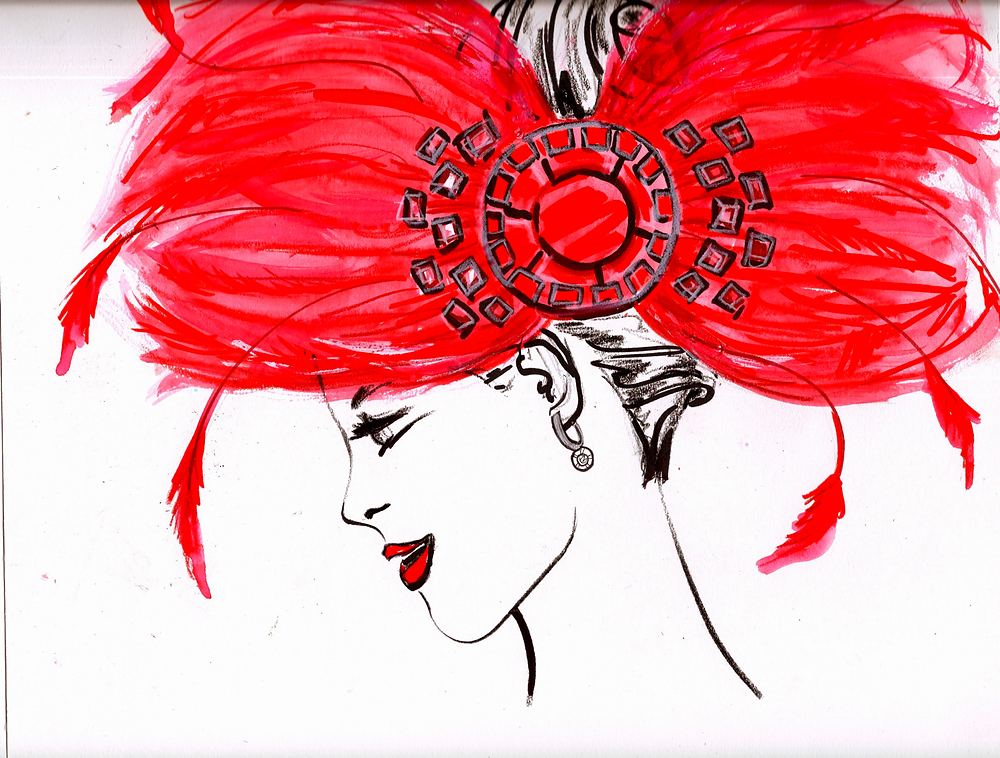 Red feather headpiece shaped like a bow with a jeweled center, Hello Kitty's Wonderland. Costume sketch by Cynthia Nordstrom