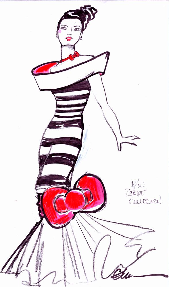 Black and white striped gown with a red Hello Kitty bow, Hello Kitty's Wonderland, USJ. Costume sketch by Cynthia Nordstrom