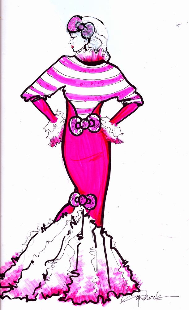 Pink mermaid gown with a striped capelet and ruffled hem, Hello Kitty's Wonderland. Costume sketch by Cynthia Nordstrom