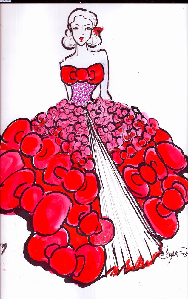 Strapless gown with a skirt of red Hello Kitty bows, Hello Kitty's Wonderland. Costume sketch by Cynthia Nordstrom