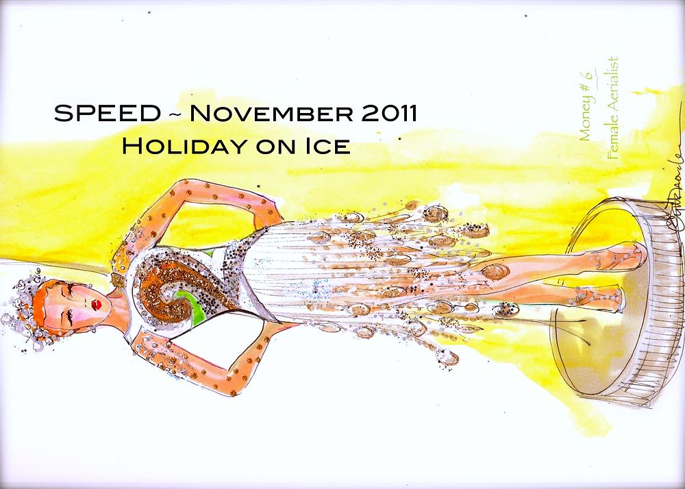 Aerialist in a gown of hanging coins and a silver headdress, money act, Holiday On Ice: Speed. Costume sketch by Cynthia Nordstrom