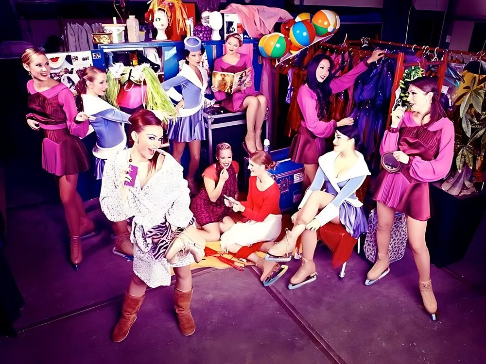 Holiday On Ice Speed: PR shoot, skaters in pink and lavender dresses with beach balls backstage. Costume design by Cynthia Nordstrom