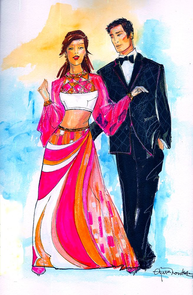 Couple in a pink and orange sari-inspired gown and a black tuxedo, Holiday On Ice: Speed. Costume sketch by Cynthia Nordstrom