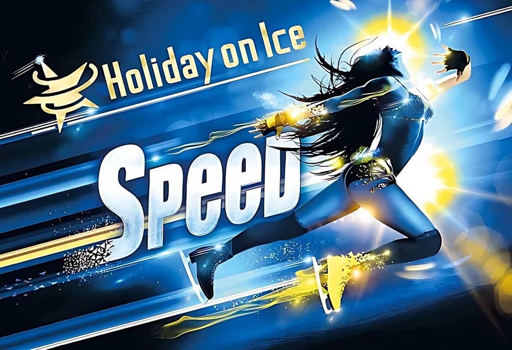 Holiday On Ice Speed key art of a skater in black and gold racing past light streaks