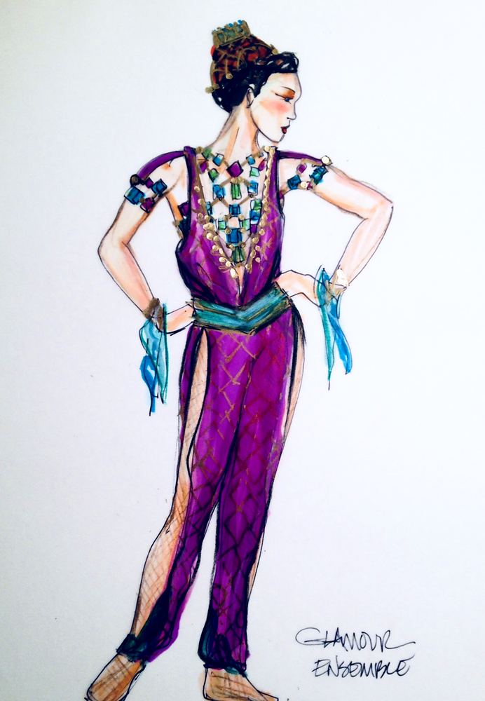 Glamour ensemble in a purple jumpsuit with jeweled collar and teal ties, Holiday On Ice: Passion. Costume sketch by Cynthia Nordstrom