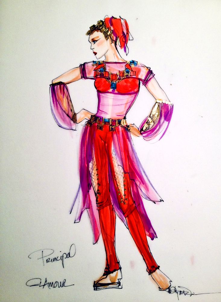 Glamour principal in a red and pink harem costume with sheer sleeves, Holiday On Ice: Passion. Costume sketch by Cynthia Nordstrom