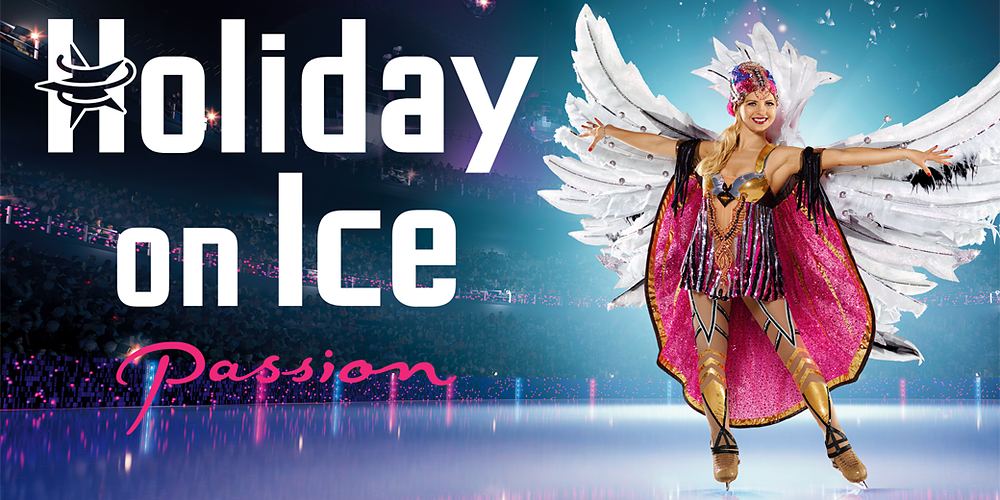 Holiday On Ice Passion banner with a skater in pink and white feathered wings