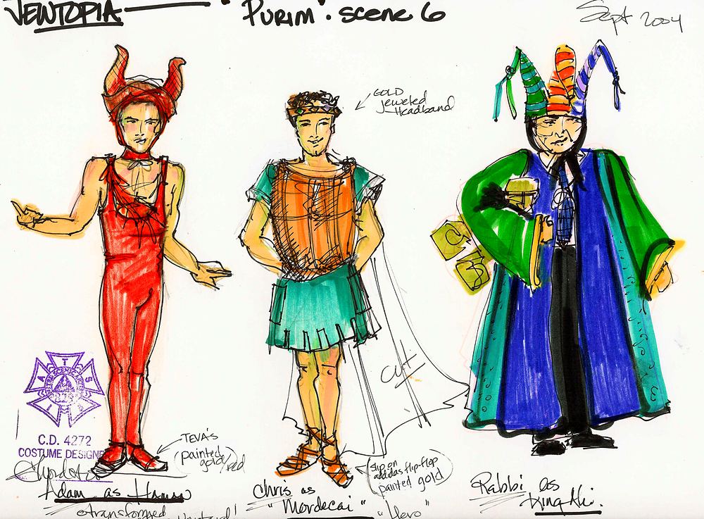 Purim scene costumes: a red devil, a teal tunic and a jester in green and blue, Jewtopia. Costume sketch by Cynthia Nordstrom