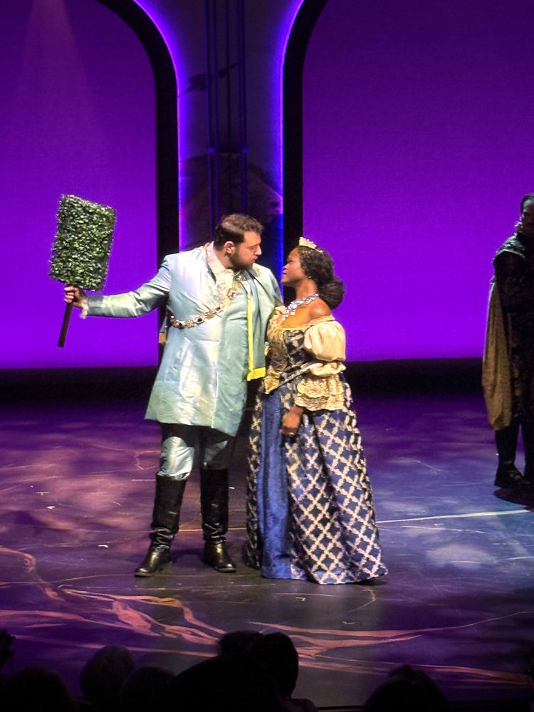 Man in a pale brocade coat with a woman in a blue and gold plaid gown, The Three Musketeers. Costume design by Cynthia Nordstrom