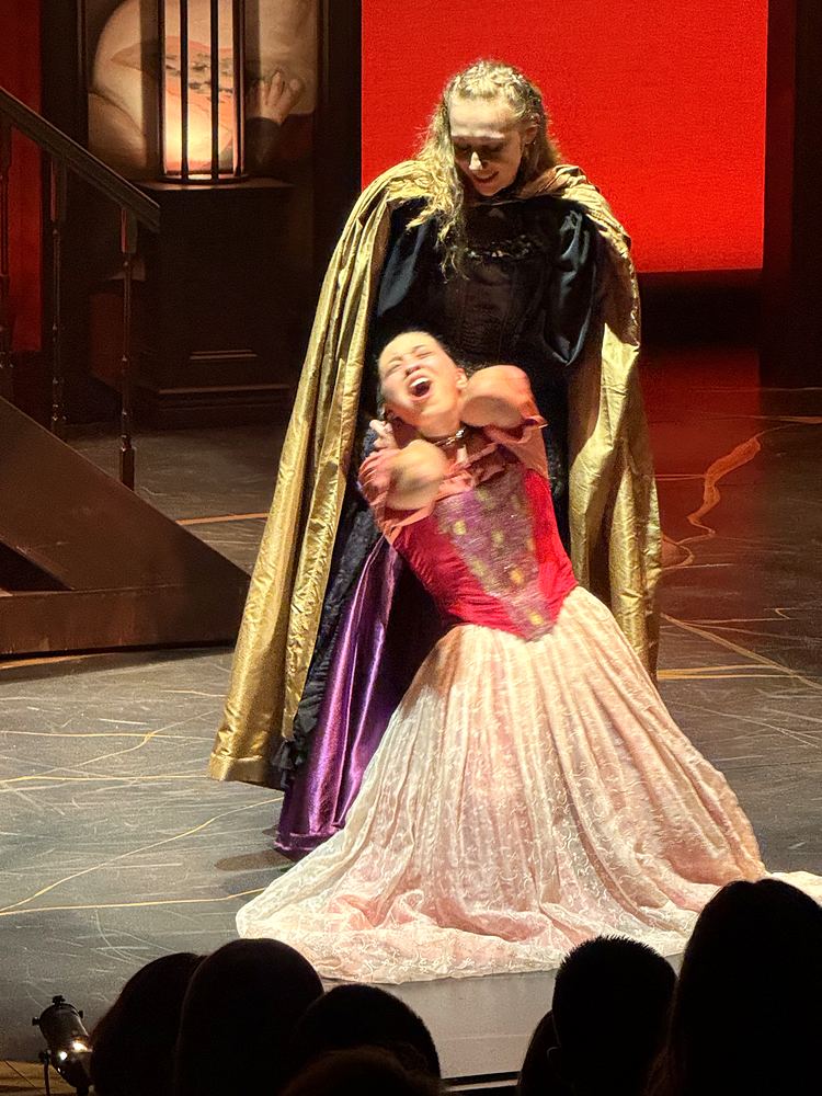 Figure in a gold-lined black cloak holding a woman in a pink and red gown, The Three Musketeers. Costume design by Cynthia Nordstrom