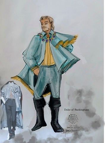 Duke of Buckingham in a pale blue fringed cape, doublet and tall boots, The Three Musketeers. Costume sketch by Cynthia Nordstrom