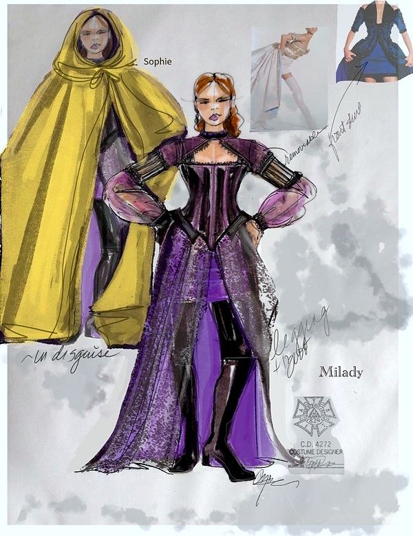 Milady in a purple corseted gown, and Sophie in a yellow hooded cloak, The Three Musketeers. Costume sketch by Cynthia Nordstrom