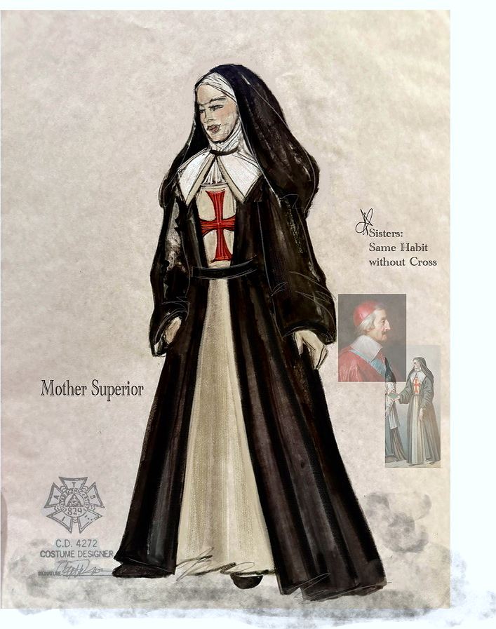 Mother Superior in a black habit with a red cross, The Three Musketeers. Costume sketch by Cynthia Nordstrom