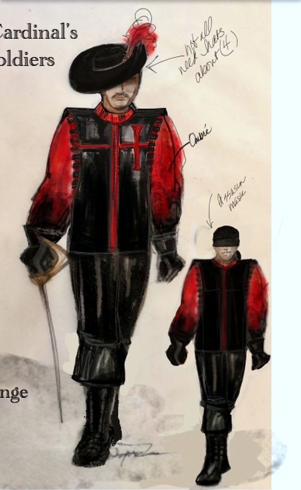 Cardinal's soldiers in black and red doublets and plumed hats, The Three Musketeers. Costume sketch by Cynthia Nordstrom