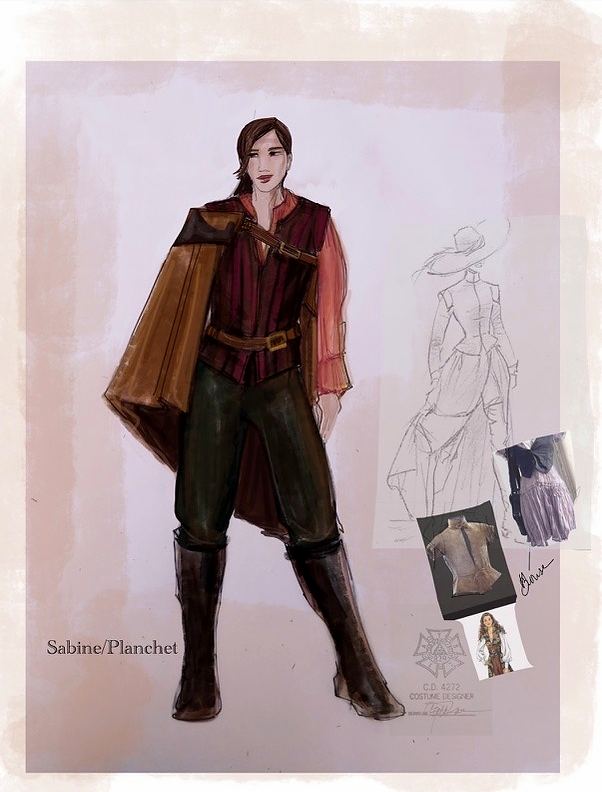 Sabine in a burgundy doublet, brown cape and tall boots, The Three Musketeers. Costume sketch by Cynthia Nordstrom