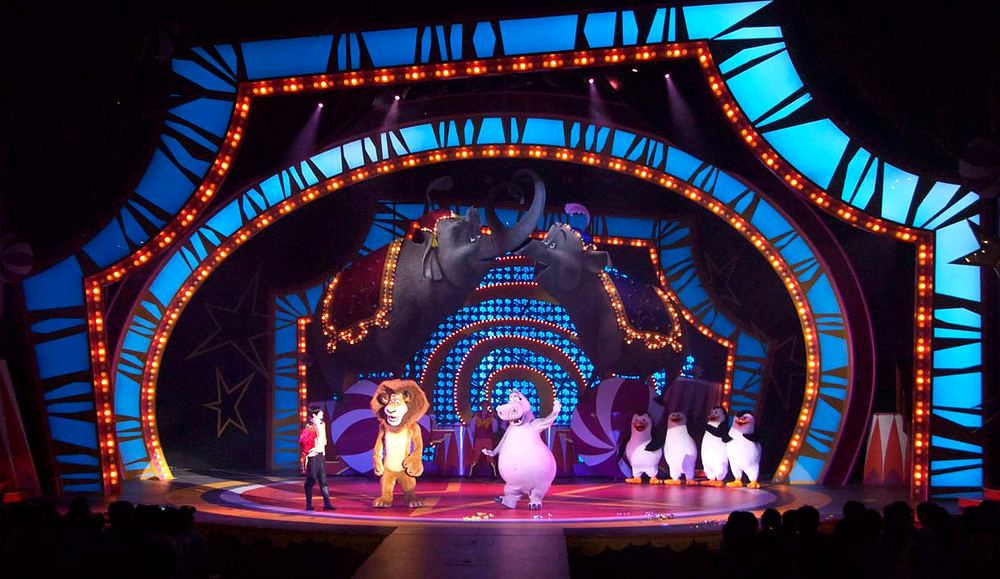 Madagascar Live! It’s Circus Time, Everland: Alex, Gloria and the penguins in the big top. Costume design by Cynthia Nordstrom