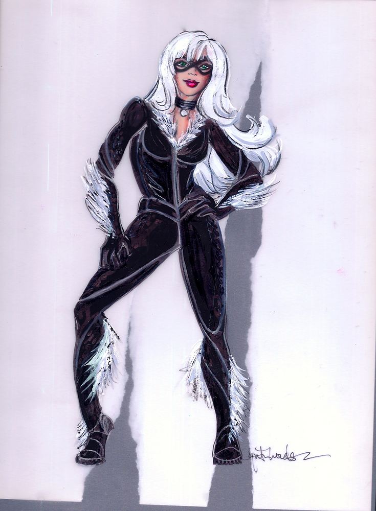 Black Cat in a black catsuit with white fur trim and white hair, Marvel Universe Live. Costume sketch by Cynthia Nordstrom