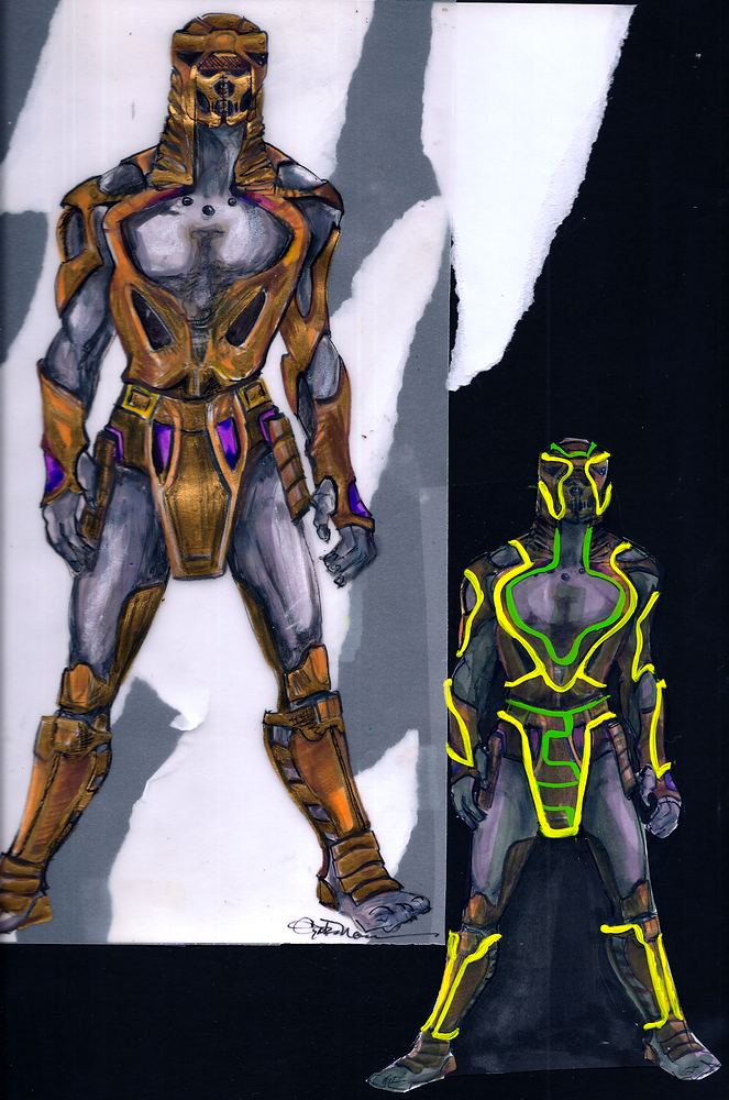 Chitauri warriors in gold and gray armor with glowing purple and green trim, Marvel Universe Live. Costume sketch by Cynthia Nordstrom
