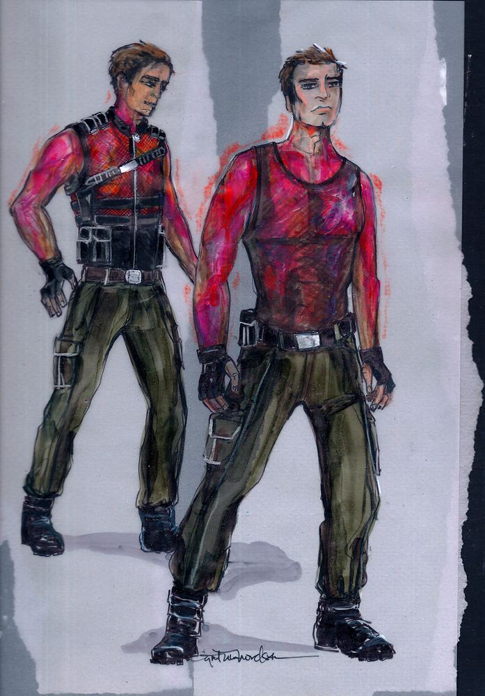 Two agents in red tactical tops, holsters and olive cargo pants, Marvel Universe Live. Costume sketch by Cynthia Nordstrom