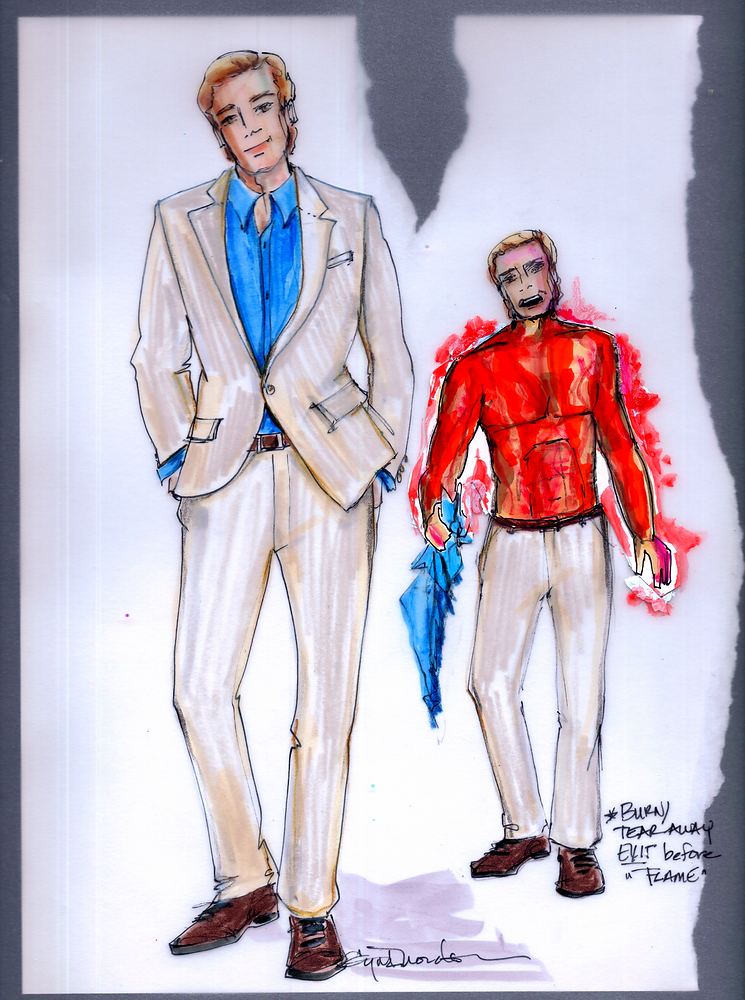 Aldrich Killian in a cream suit and blue shirt, and in a red shirt, Marvel Universe Live. Costume sketch by Cynthia Nordstrom