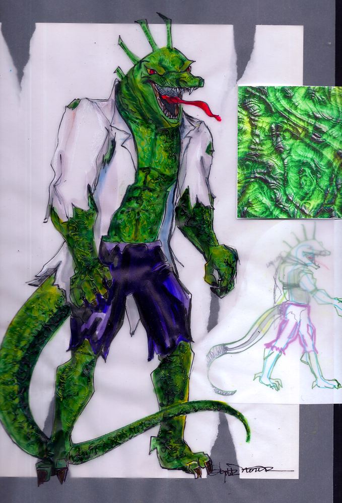 Lizard with green scaly skin, lab coat and purple shorts, with fabric swatch, Marvel Universe Live. Costume sketch by Cynthia Nordstrom