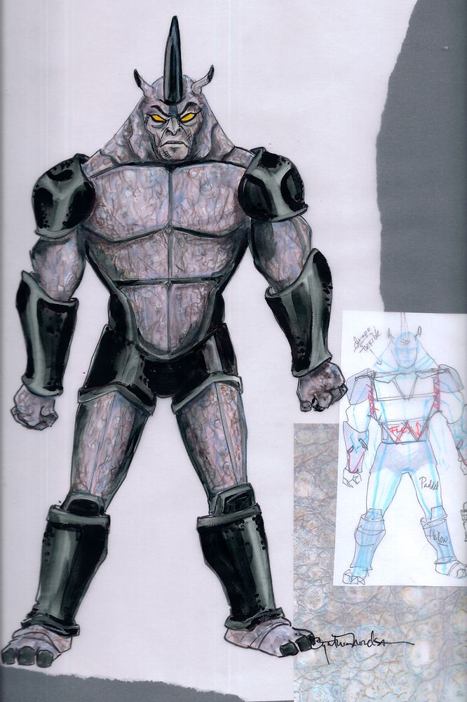 Rhino in gray armored plates with a horned helmet, with reference, Marvel Universe Live. Costume sketch by Cynthia Nordstrom