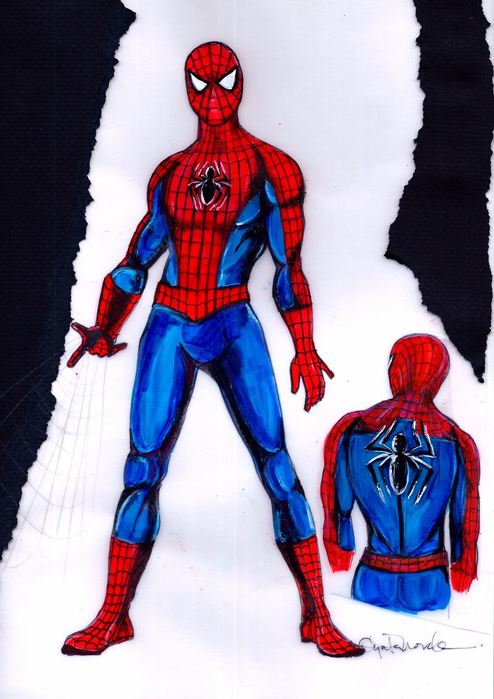 Spider-Man in a red and blue suit, front and back views, Marvel Universe Live. Costume sketch by Cynthia Nordstrom