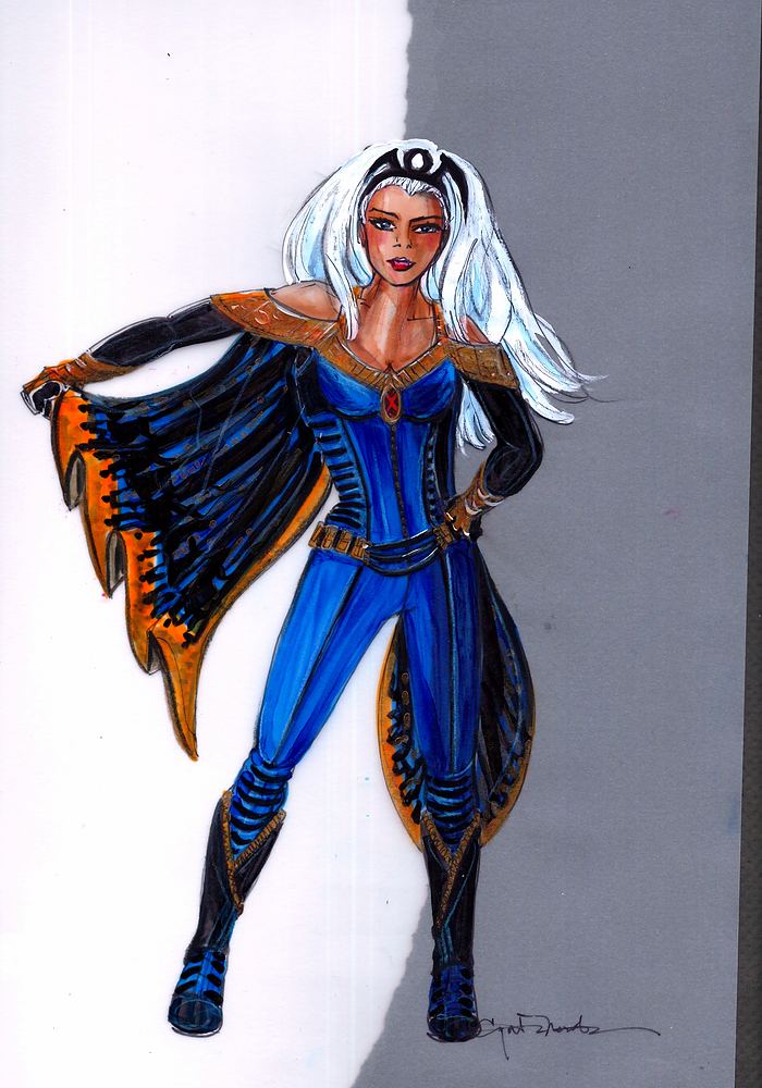Storm in a blue bodysuit, gold collar and black winged cape, Marvel Universe Live. Costume sketch by Cynthia Nordstrom