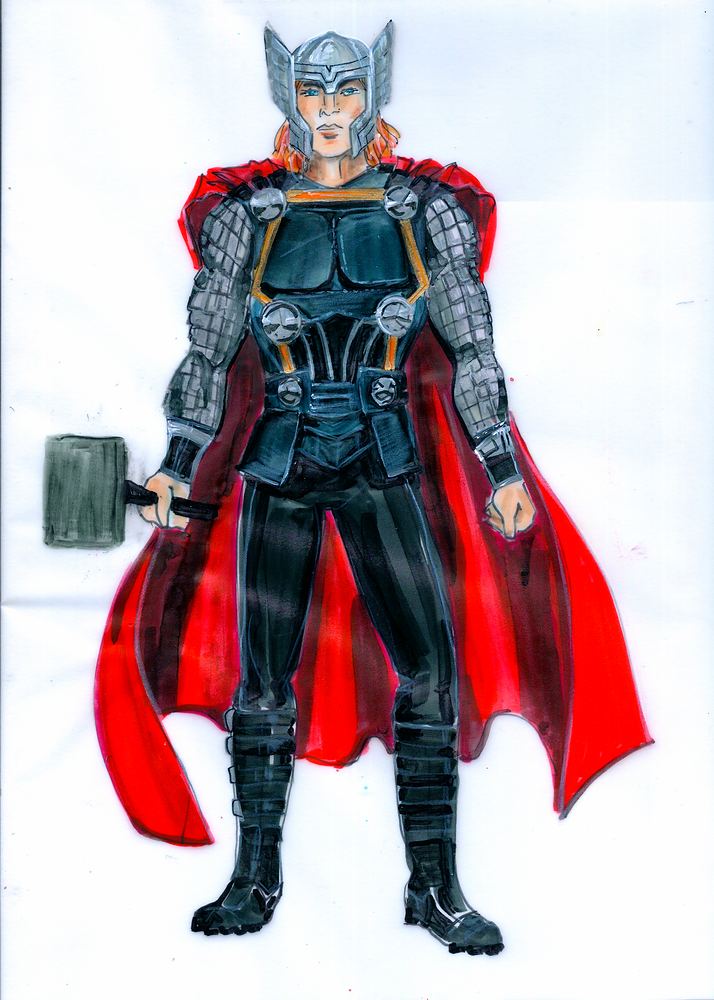 Thor in silver chain armor, black tunic and long red cape with hammer, Marvel Universe Live. Costume sketch by Cynthia Nordstrom