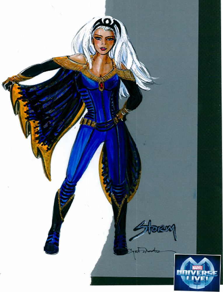 Storm in a blue bodysuit with gold trim and a winged black cape, Marvel Universe Live. Costume sketch by Cynthia Nordstrom