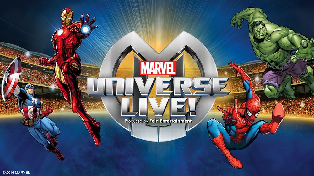 Marvel Universe Live! logo art with Captain America, Iron Man, Spider-Man and Hulk