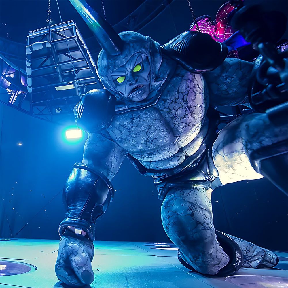 Rhino in a gray armored suit with a horn and glowing green eyes, kneeling, Marvel Universe Live. Costume design by Cynthia Nordstrom