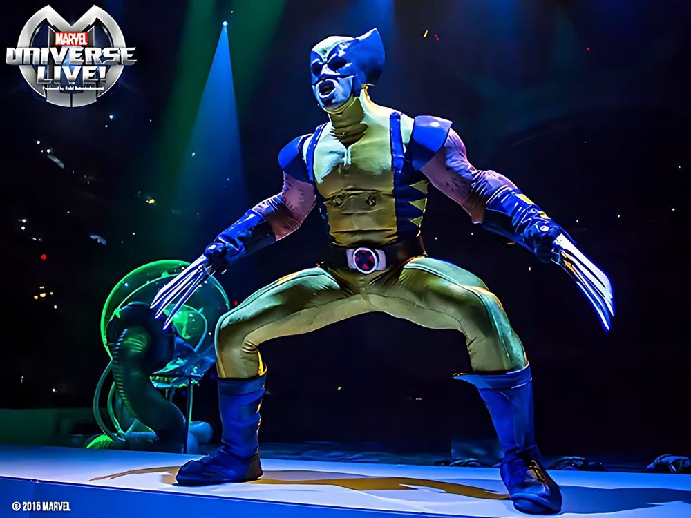 Wolverine in a yellow and blue suit with claws out in a wide stance, Marvel Universe Live. Costume design by Cynthia Nordstrom