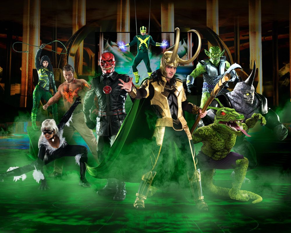 Loki in green and gold leading villains including Red Skull and Lizard in green fog, Marvel Universe Live. Costume design by Cynthia Nordstrom