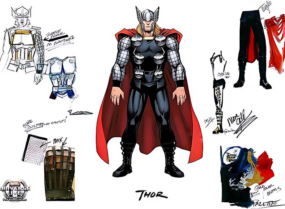 Thor in silver armor and red cape, with armor and boot detail studies, Marvel Universe Live. Costume sketch by Cynthia Nordstrom